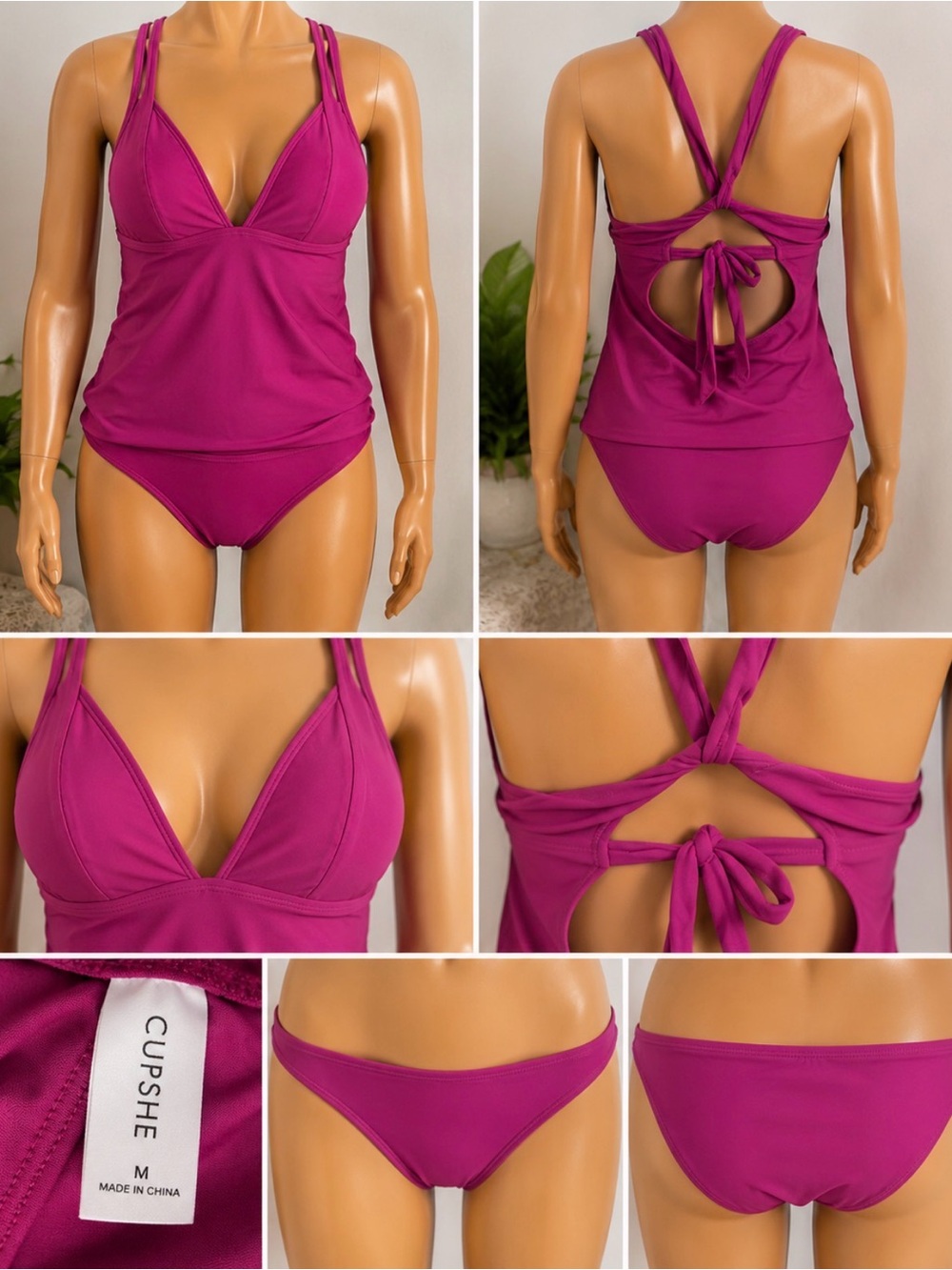 Cupshe Magenta Tankini with Tie-Back и Bikini Bottoms